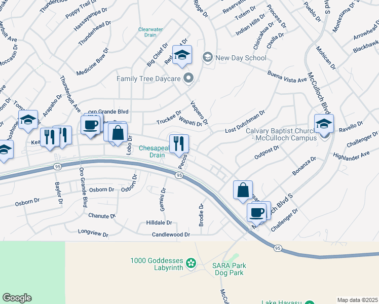 map of restaurants, bars, coffee shops, grocery stores, and more near 3453 Maricopa Avenue in Lake Havasu City