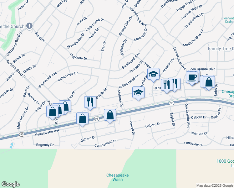 map of restaurants, bars, coffee shops, grocery stores, and more near 3057 Shoshone Drive in Lake Havasu City