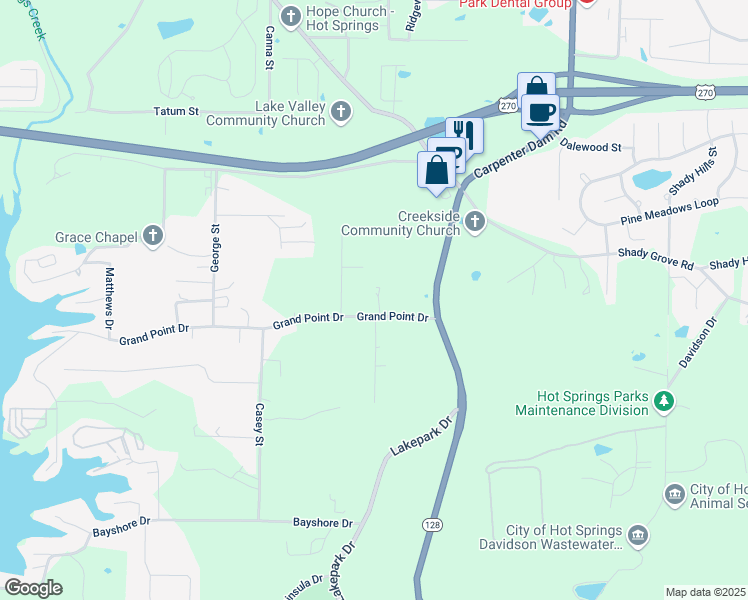 map of restaurants, bars, coffee shops, grocery stores, and more near 210 Grand Point Drive in Hot Springs