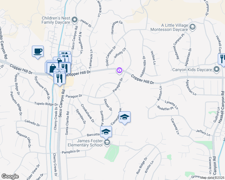 map of restaurants, bars, coffee shops, grocery stores, and more near 22429 Paragon Drive in Santa Clarita