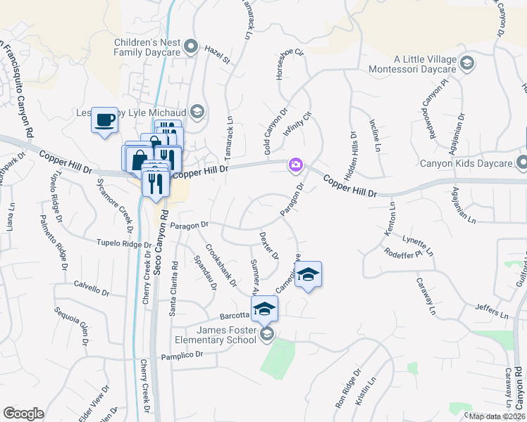 map of restaurants, bars, coffee shops, grocery stores, and more near 22464 Smiley Court in Santa Clarita