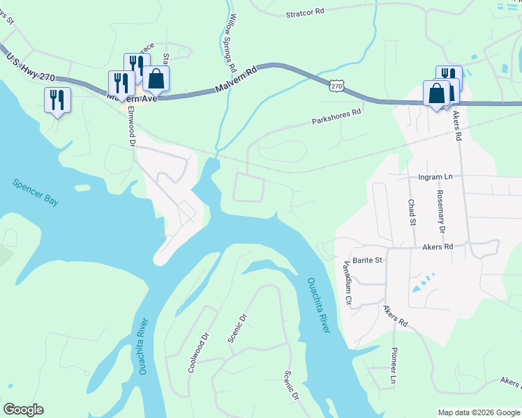 map of restaurants, bars, coffee shops, grocery stores, and more near 190 Willman Square in Hot Springs