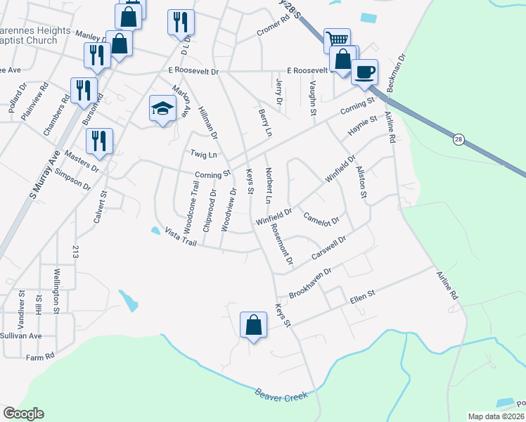 map of restaurants, bars, coffee shops, grocery stores, and more near 101 Norbert Lane in Anderson