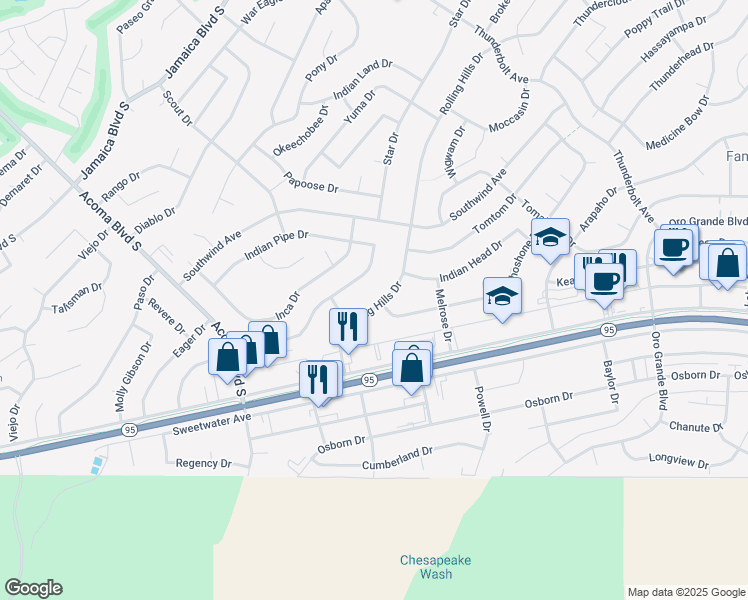 map of restaurants, bars, coffee shops, grocery stores, and more near 1071 Rolling Hills Drive in Lake Havasu City