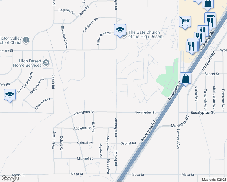 map of restaurants, bars, coffee shops, grocery stores, and more near 11430 Amethyst Road in Victorville