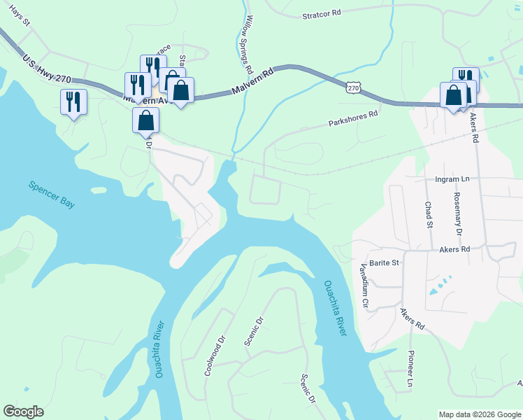 map of restaurants, bars, coffee shops, grocery stores, and more near 190 Willman Square in Hot Springs