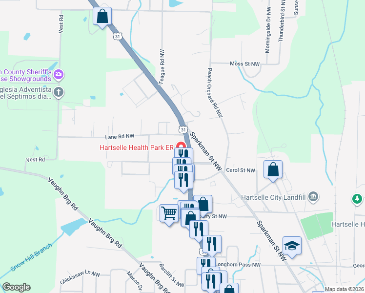 map of restaurants, bars, coffee shops, grocery stores, and more near 1549 2nd Avenue in Hartselle