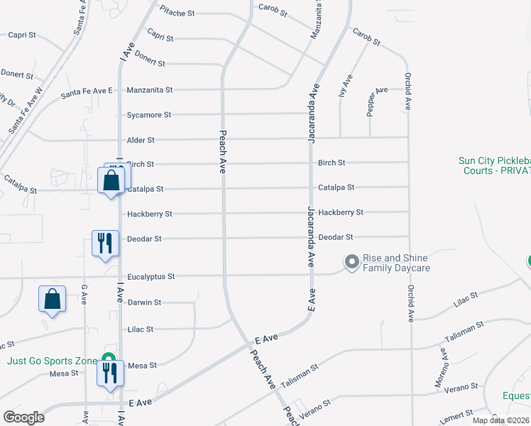map of restaurants, bars, coffee shops, grocery stores, and more near 18125 Hackberry Street in Hesperia