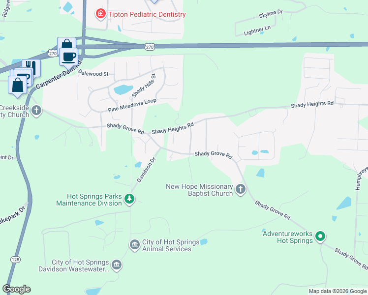 map of restaurants, bars, coffee shops, grocery stores, and more near 1336 Shady Grove Road in Hot Springs