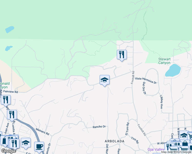 map of restaurants, bars, coffee shops, grocery stores, and more near 275 Fairview Road in Ojai