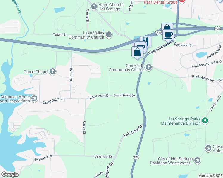 map of restaurants, bars, coffee shops, grocery stores, and more near 210 Grand Point Drive in Hot Springs