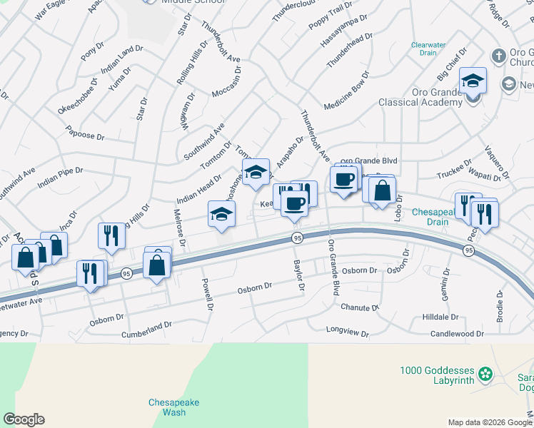 map of restaurants, bars, coffee shops, grocery stores, and more near 3175 Maricopa Avenue in Lake Havasu City