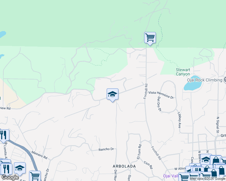 map of restaurants, bars, coffee shops, grocery stores, and more near 199 Fairview Road in Ojai