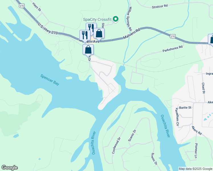 map of restaurants, bars, coffee shops, grocery stores, and more near 160 Riverview Way in Hot Springs
