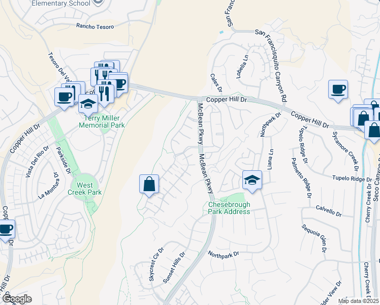 map of restaurants, bars, coffee shops, grocery stores, and more near 23730 Hickory Court in Santa Clarita