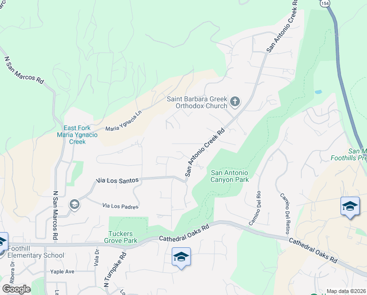 map of restaurants, bars, coffee shops, grocery stores, and more near 4665 Bedrock Court in Santa Barbara