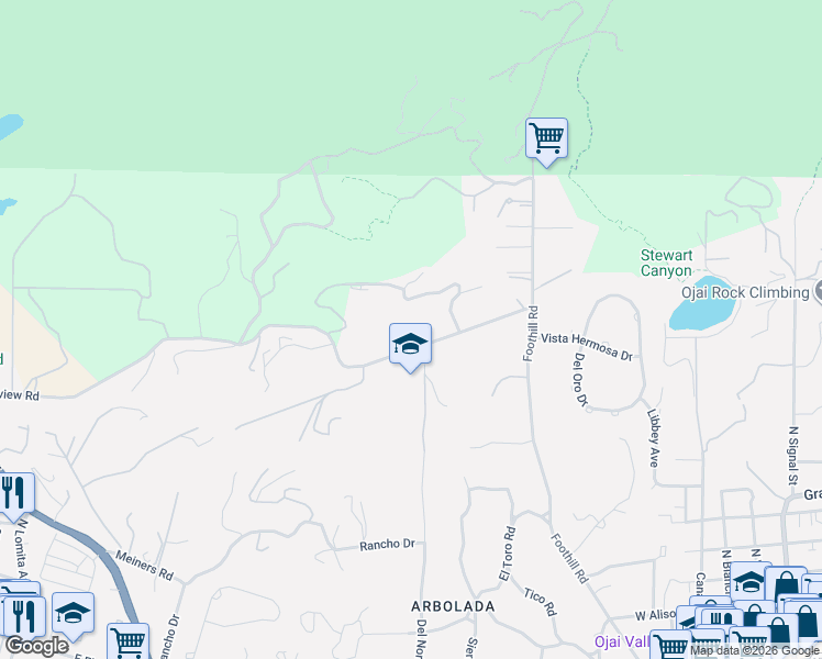 map of restaurants, bars, coffee shops, grocery stores, and more near 199 Fairview Road in Ojai
