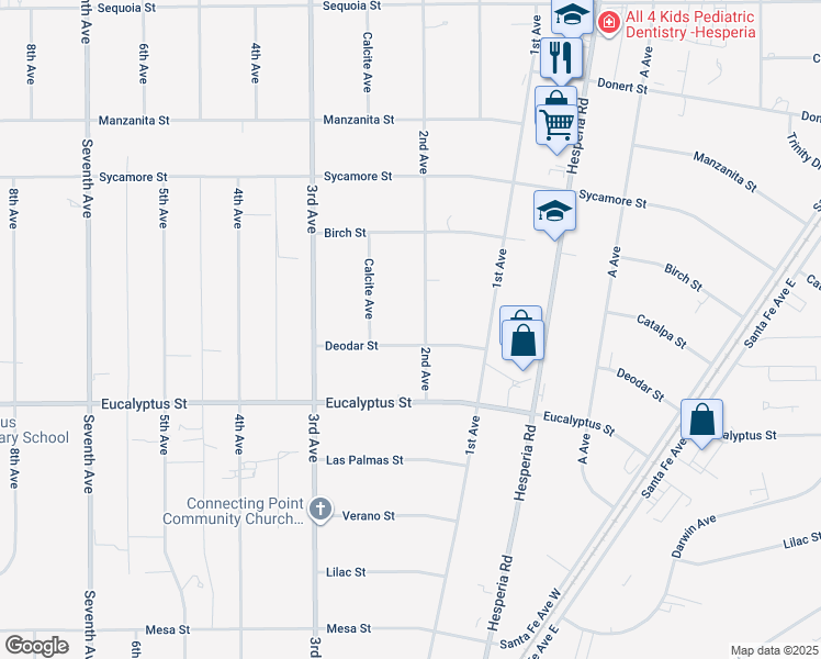 map of restaurants, bars, coffee shops, grocery stores, and more near 11430 2nd Avenue in Hesperia