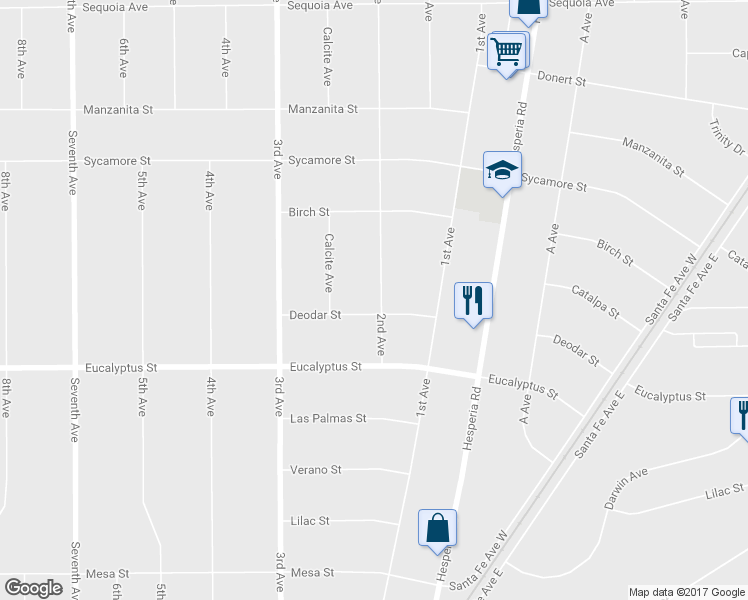 map of restaurants, bars, coffee shops, grocery stores, and more near 11430 2nd Avenue in Hesperia