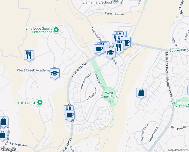 map of restaurants, bars, coffee shops, grocery stores, and more near 28653 Parkside Drive in Santa Clarita