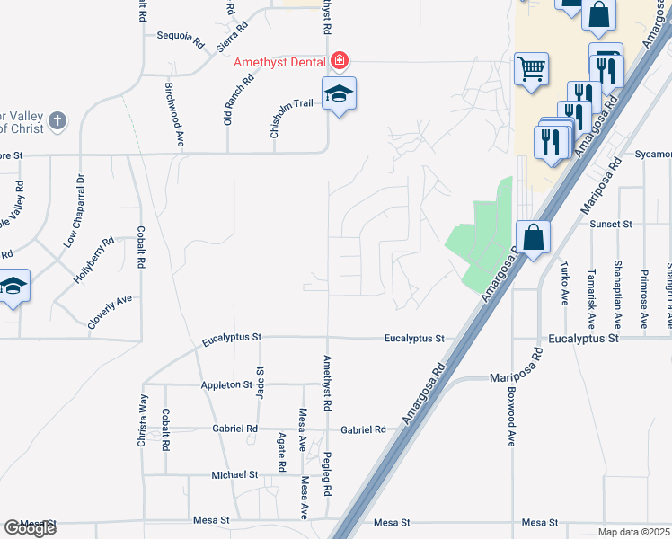 map of restaurants, bars, coffee shops, grocery stores, and more near 11424 Amethyst Road in Victorville