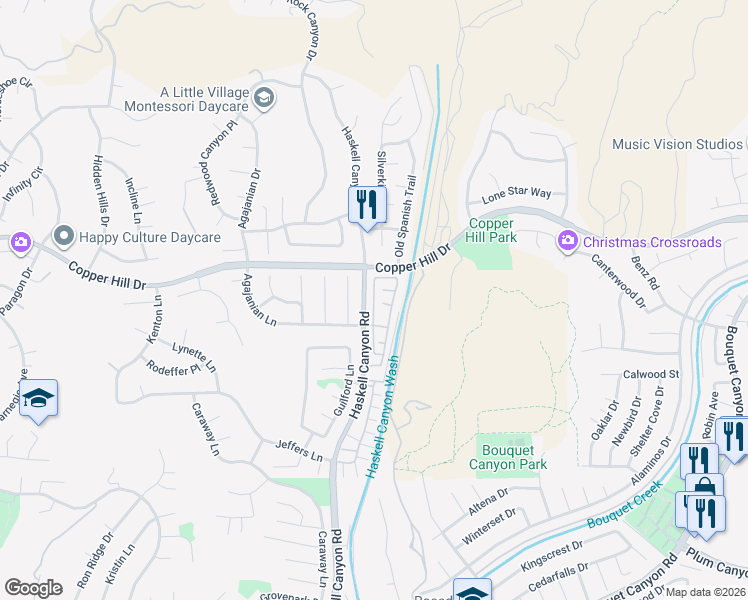 map of restaurants, bars, coffee shops, grocery stores, and more near 28328 Willow Court in Santa Clarita