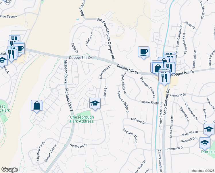 map of restaurants, bars, coffee shops, grocery stores, and more near 28058 Liana Lane in Santa Clarita