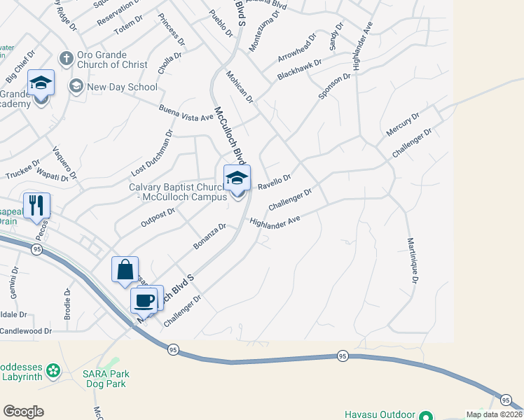map of restaurants, bars, coffee shops, grocery stores, and more near 3825-3835 Highlander Avenue in Lake Havasu City