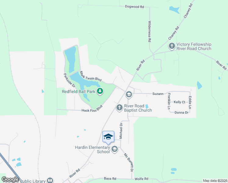 map of restaurants, bars, coffee shops, grocery stores, and more near 618 Huck Finn Boulevard in Redfield