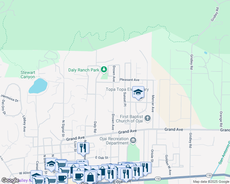 map of restaurants, bars, coffee shops, grocery stores, and more near 1206 Drown Avenue in Ojai