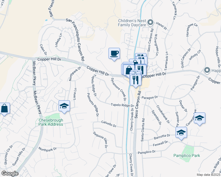 map of restaurants, bars, coffee shops, grocery stores, and more near 27964 Redwood Glen Road in Santa Clarita