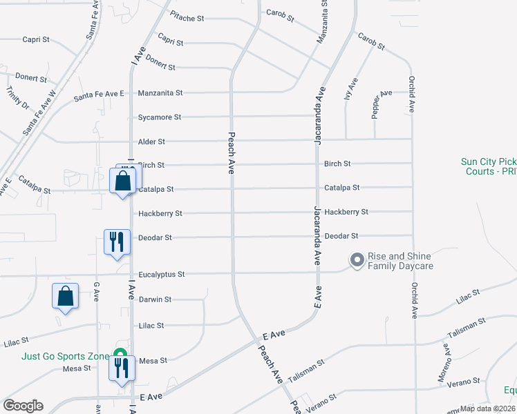 map of restaurants, bars, coffee shops, grocery stores, and more near 18031 Hackberry Street in Hesperia