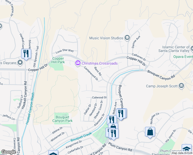 map of restaurants, bars, coffee shops, grocery stores, and more near 20849 Canterwood Drive in Santa Clarita