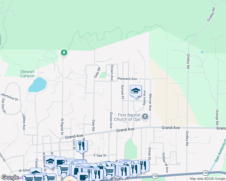 map of restaurants, bars, coffee shops, grocery stores, and more near 1109 Drown Avenue in Ojai
