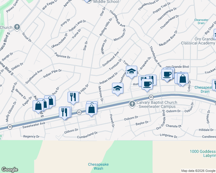 map of restaurants, bars, coffee shops, grocery stores, and more near 3064 Shoshone Drive in Lake Havasu City