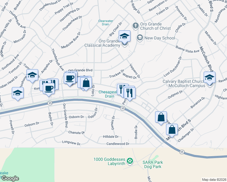 map of restaurants, bars, coffee shops, grocery stores, and more near 3417 Maricopa Ave in Lake Havasu City