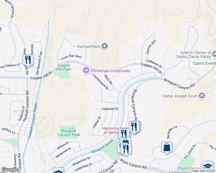 map of restaurants, bars, coffee shops, grocery stores, and more near 20849 Canterwood Drive in Santa Clarita