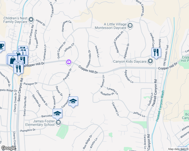map of restaurants, bars, coffee shops, grocery stores, and more near 22047 Conway Place in Santa Clarita