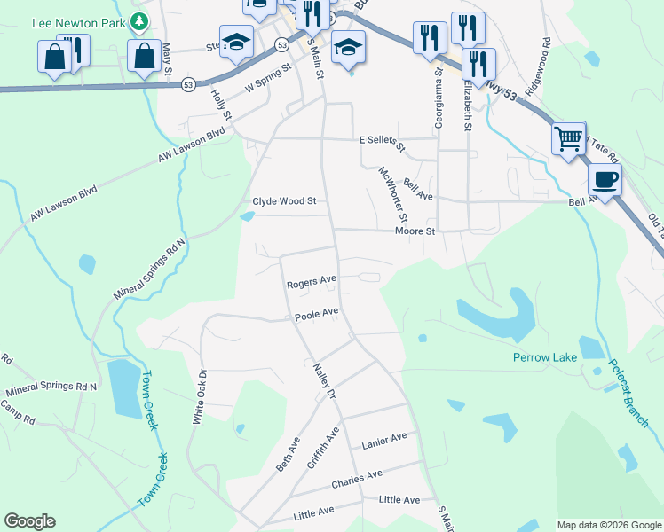 map of restaurants, bars, coffee shops, grocery stores, and more near 700 South Main Street in Jasper