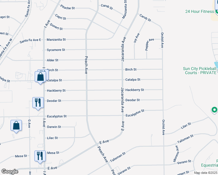 map of restaurants, bars, coffee shops, grocery stores, and more near 18138 Hackberry Street in Hesperia