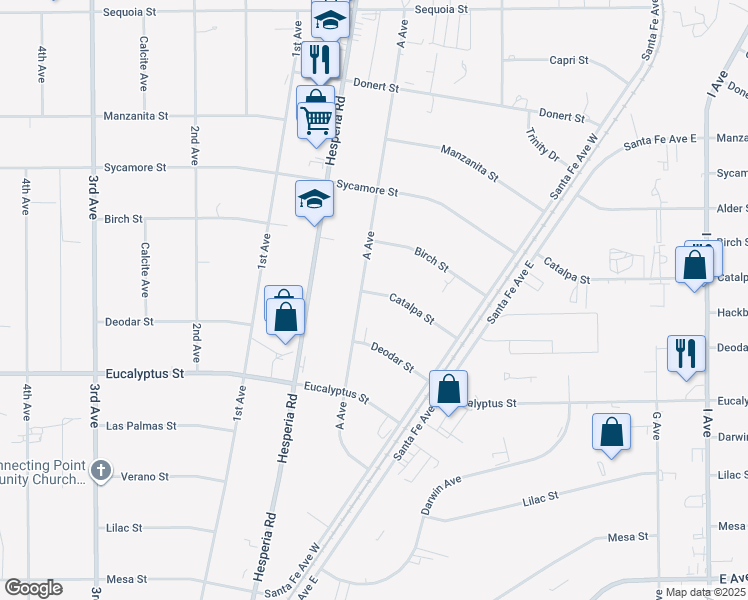 map of restaurants, bars, coffee shops, grocery stores, and more near 17043 Catalpa Street in Hesperia