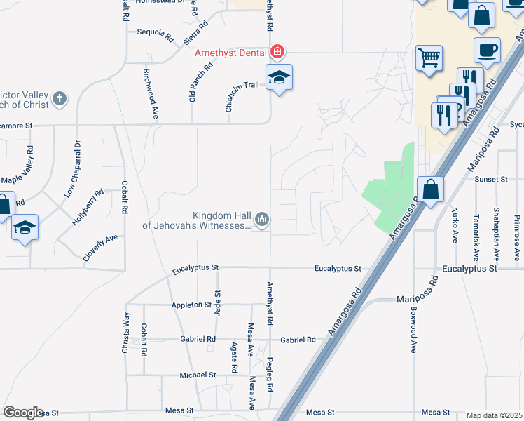 map of restaurants, bars, coffee shops, grocery stores, and more near 11436 Amethyst Road in Victorville