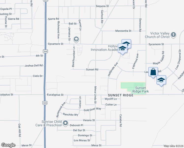 map of restaurants, bars, coffee shops, grocery stores, and more near 11511 Guadalupe Street in Victorville