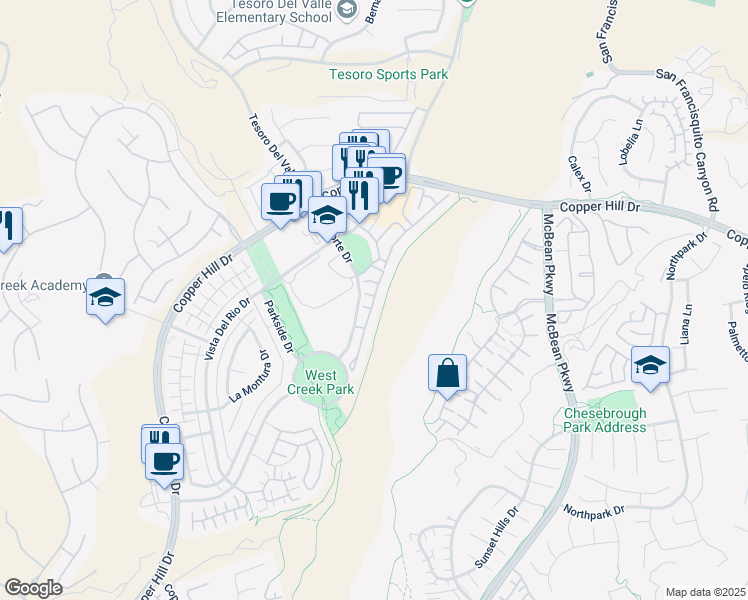 map of restaurants, bars, coffee shops, grocery stores, and more near 28616 North Pietro Drive in Santa Clarita