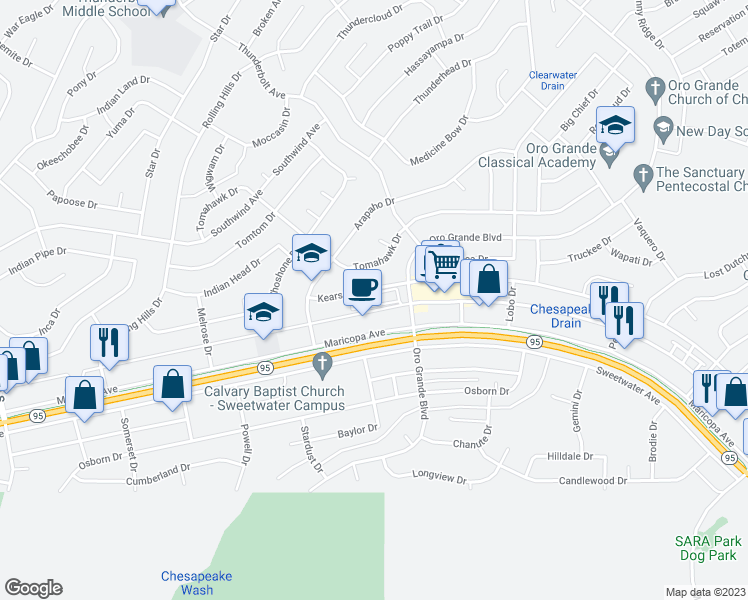 map of restaurants, bars, coffee shops, grocery stores, and more near 3171 Kearsage Drive in Lake Havasu City