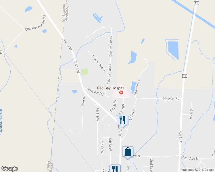 map of restaurants, bars, coffee shops, grocery stores, and more near 1206 Country Club Drive in Red Bay