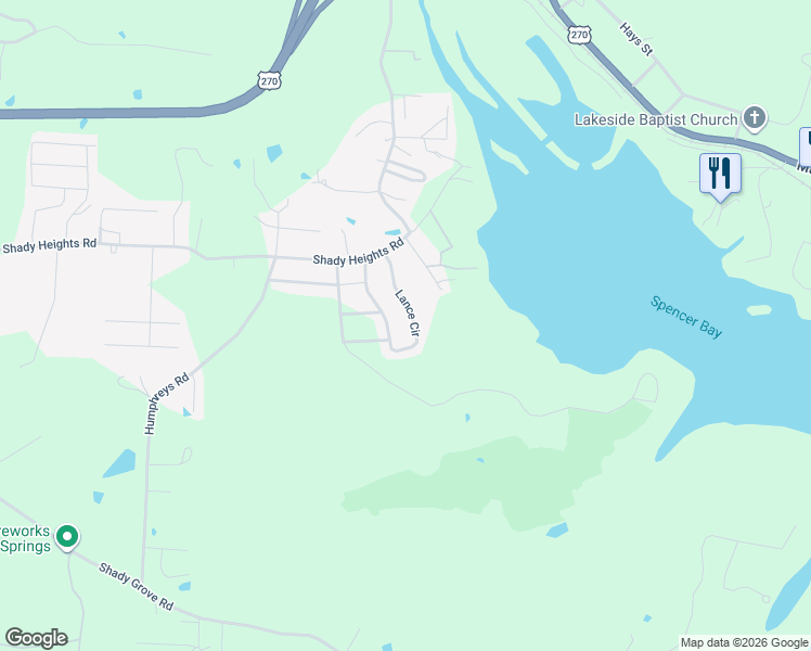 map of restaurants, bars, coffee shops, grocery stores, and more near 336 Lance Circle in Hot Springs