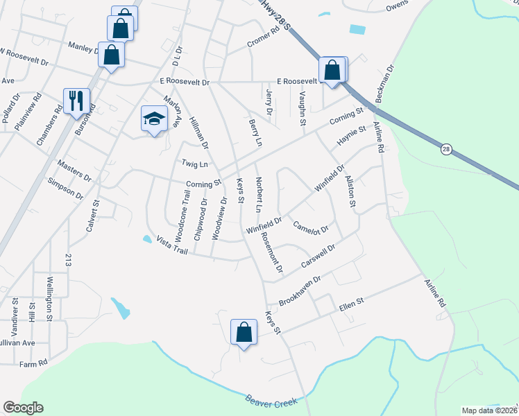 map of restaurants, bars, coffee shops, grocery stores, and more near 3513 Keys Street in Anderson
