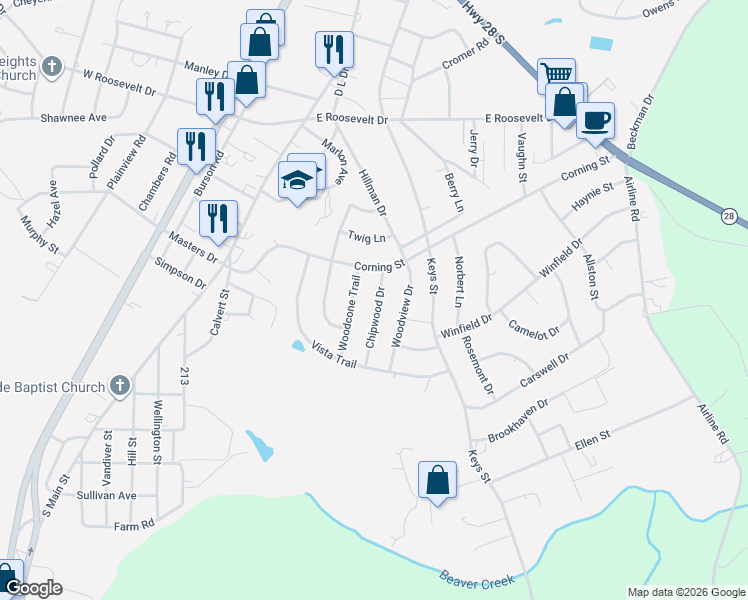 map of restaurants, bars, coffee shops, grocery stores, and more near 3503 Chipwood Drive in Anderson