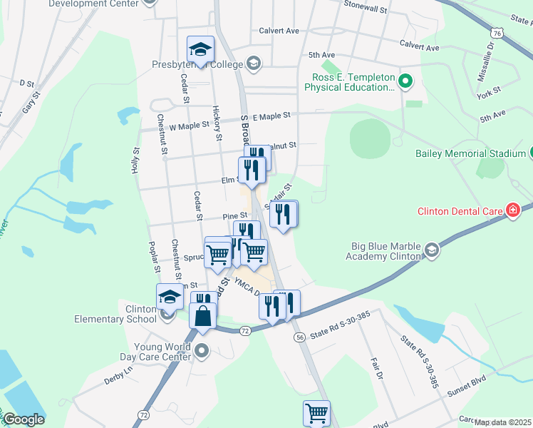 map of restaurants, bars, coffee shops, grocery stores, and more near 819 South Broad Street in Clinton